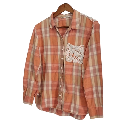 Hippie Laundry Size L Crochet Embellished Plaid Button Cowgirl Long Sleeve Shirt - Picture 2 of 11